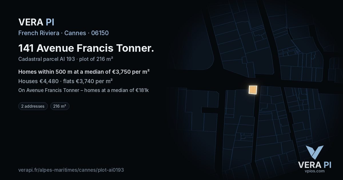 141 Avenue Francis Tonner, Cannes at night – the plot lit, the parcels around coloured by the prices near them