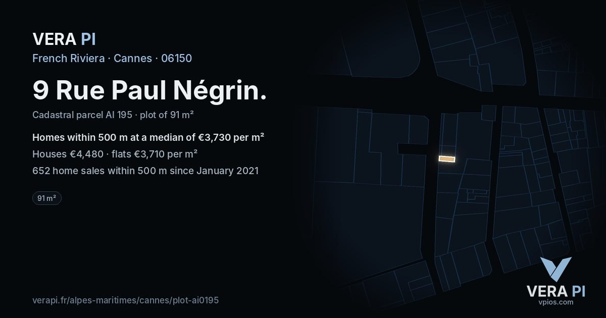 9 Rue Paul Négrin, Cannes at night – the plot lit, the parcels around coloured by the prices near them