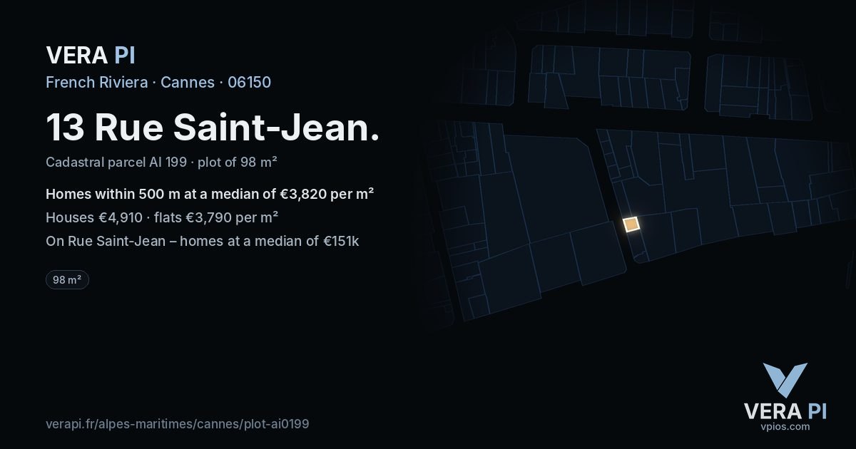 13 Rue Saint-Jean, Cannes at night – the plot lit, the parcels around coloured by the prices near them