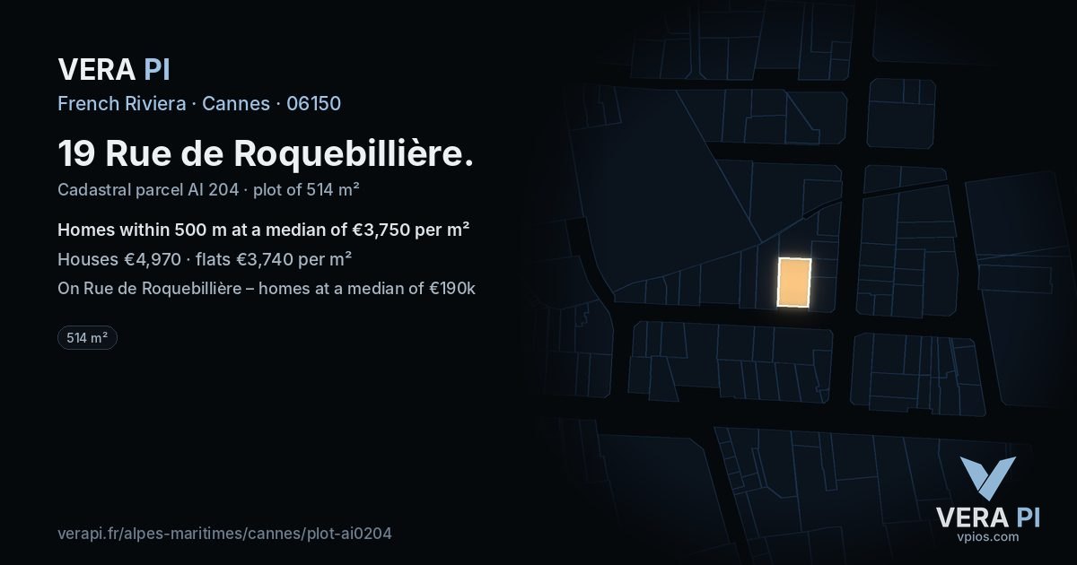 19 Rue de Roquebillière, Cannes at night – the plot lit, the parcels around coloured by the prices near them