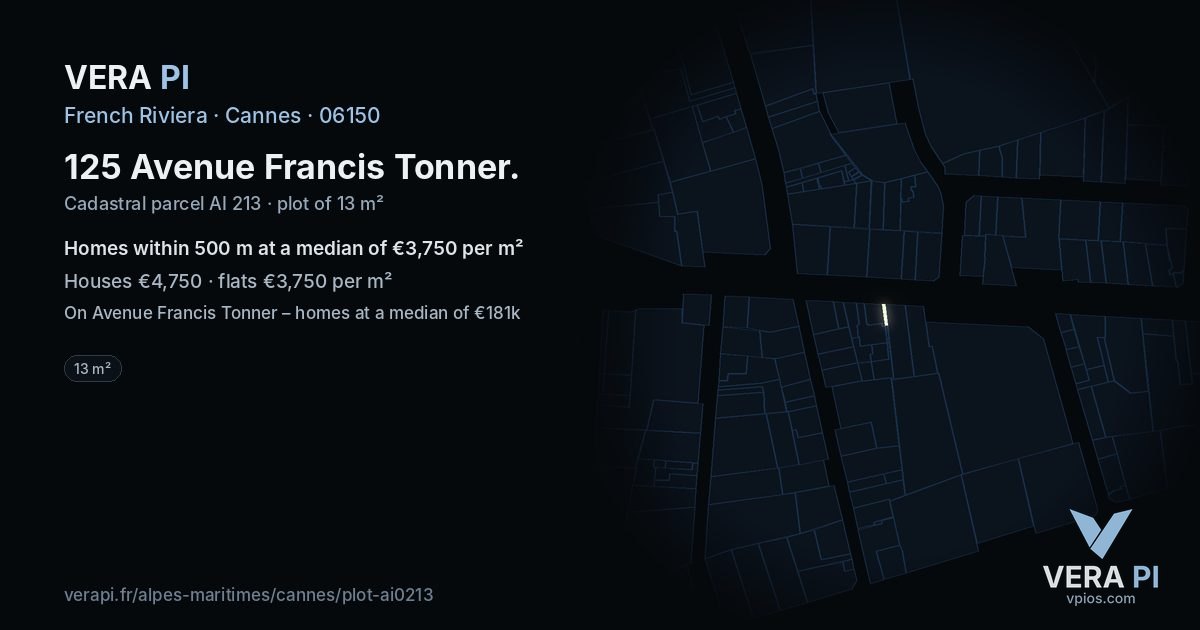 125 Avenue Francis Tonner, Cannes at night – the plot lit, the parcels around coloured by the prices near them