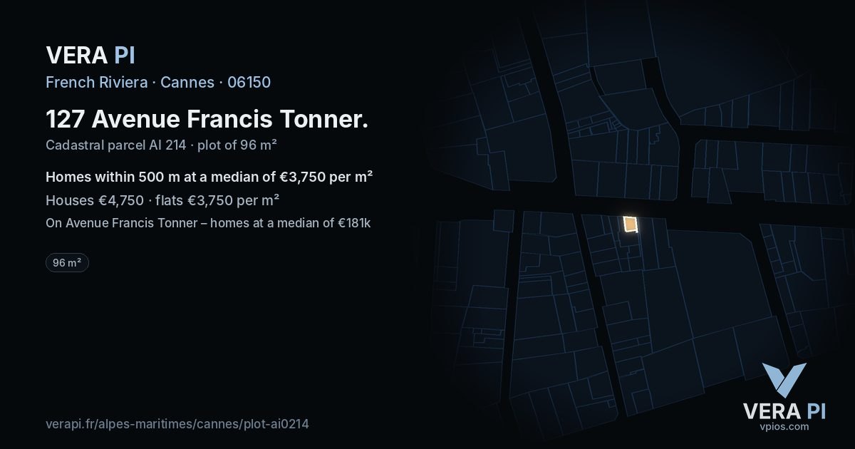 127 Avenue Francis Tonner, Cannes at night – the plot lit, the parcels around coloured by the prices near them