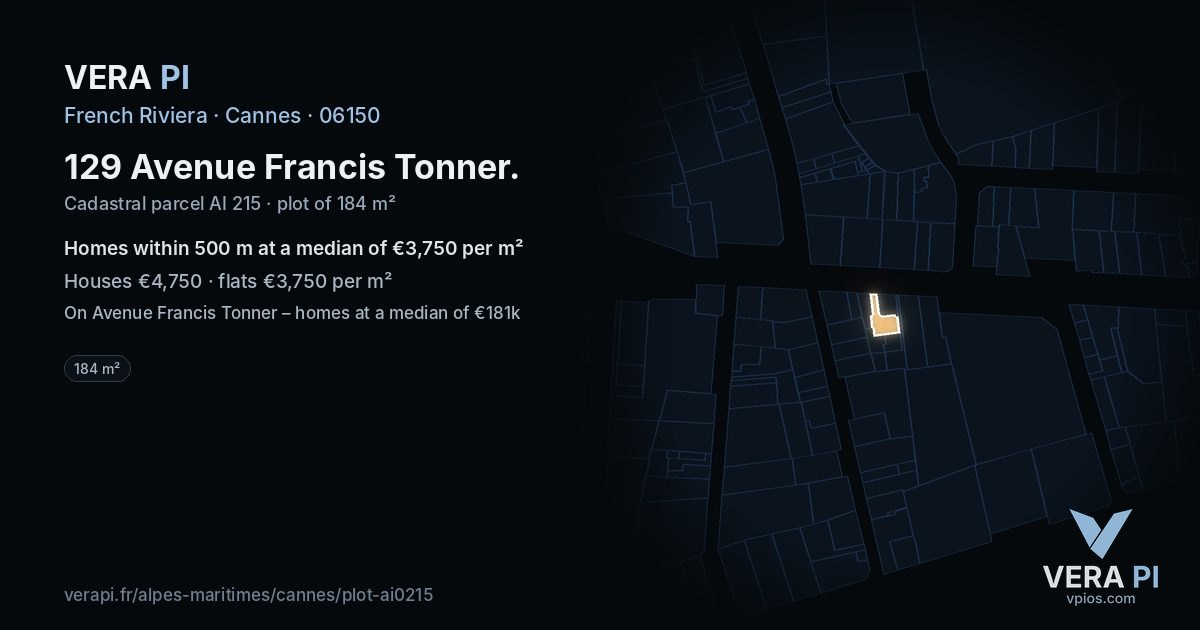 129 Avenue Francis Tonner, Cannes at night – the plot lit, the parcels around coloured by the prices near them