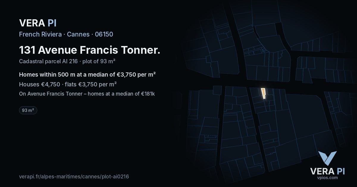 131 Avenue Francis Tonner, Cannes at night – the plot lit, the parcels around coloured by the prices near them