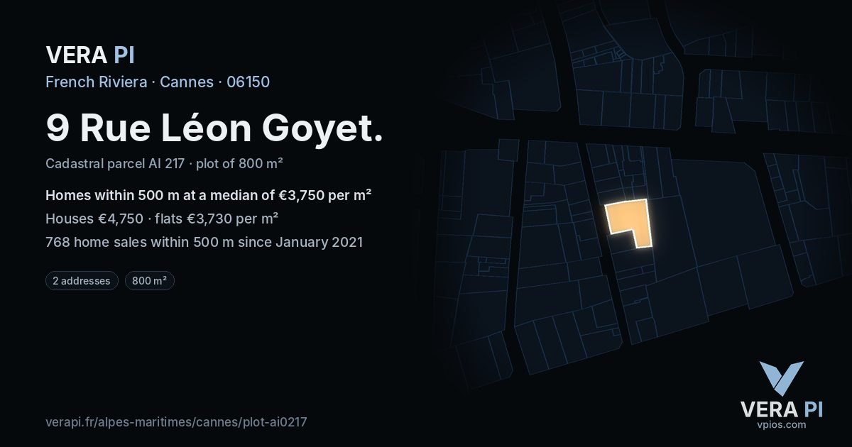 9 Rue Léon Goyet, Cannes at night – the plot lit, the parcels around coloured by the prices near them