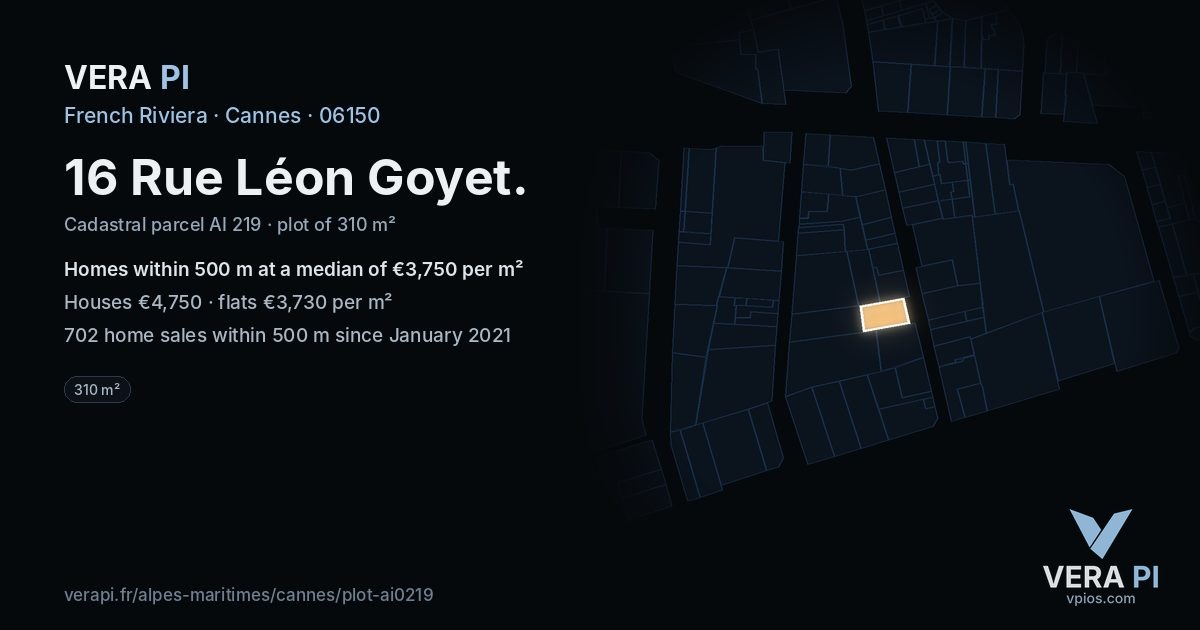16 Rue Léon Goyet, Cannes at night – the plot lit, the parcels around coloured by the prices near them