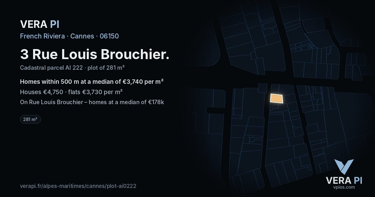 3 Rue Louis Brouchier, Cannes at night – the plot lit, the parcels around coloured by the prices near them