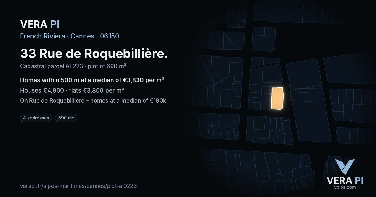 33 Rue de Roquebillière, Cannes at night – the plot lit, the parcels around coloured by the prices near them