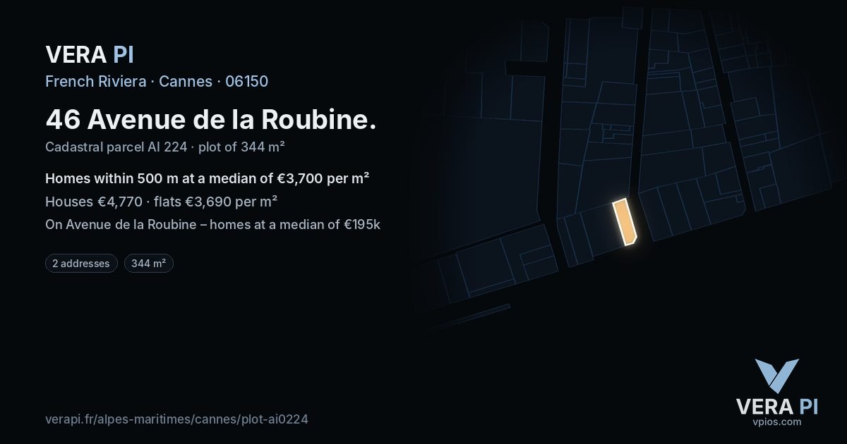 46 Avenue de la Roubine, Cannes at night – the plot lit, the parcels around coloured by the prices near them