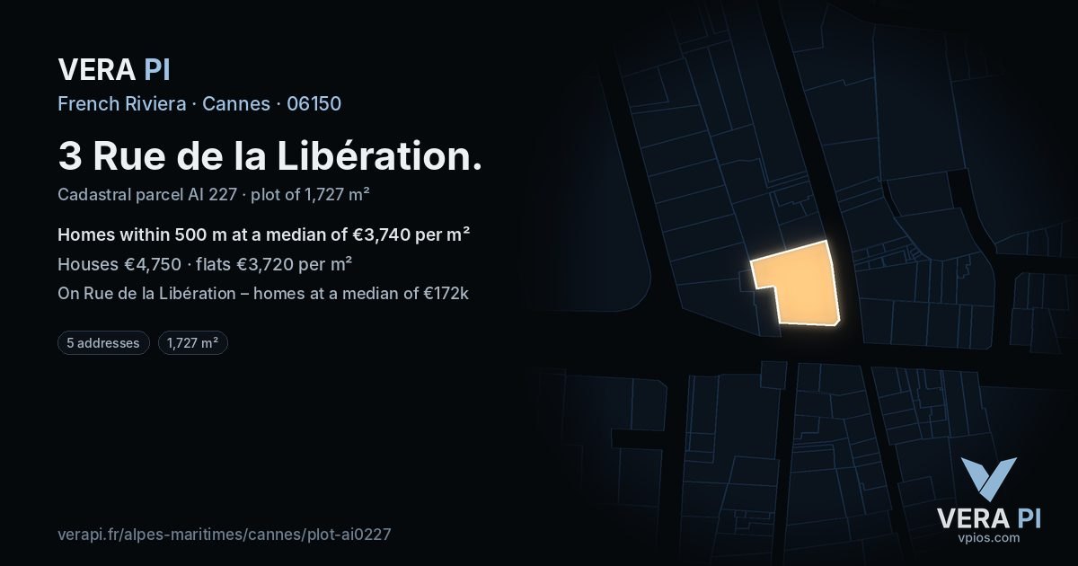3 Rue de la Libération, Cannes at night – the plot lit, the parcels around coloured by the prices near them