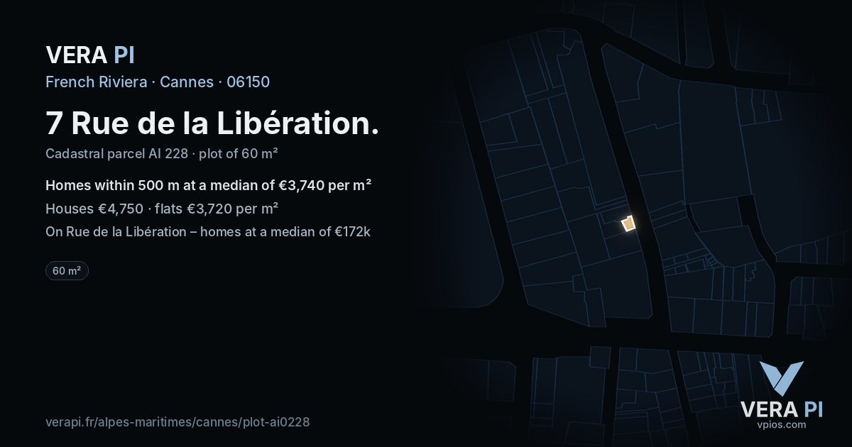 7 Rue de la Libération, Cannes at night – the plot lit, the parcels around coloured by the prices near them