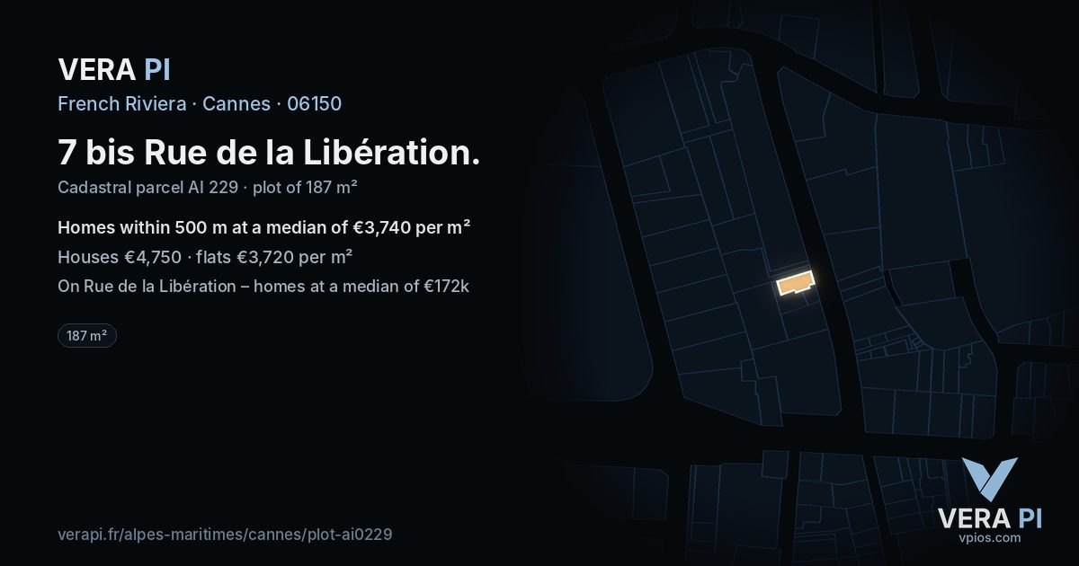 7 bis Rue de la Libération, Cannes at night – the plot lit, the parcels around coloured by the prices near them