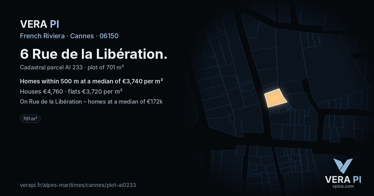 6 Rue de la Libération, Cannes at night – the plot lit, the parcels around coloured by the prices near them