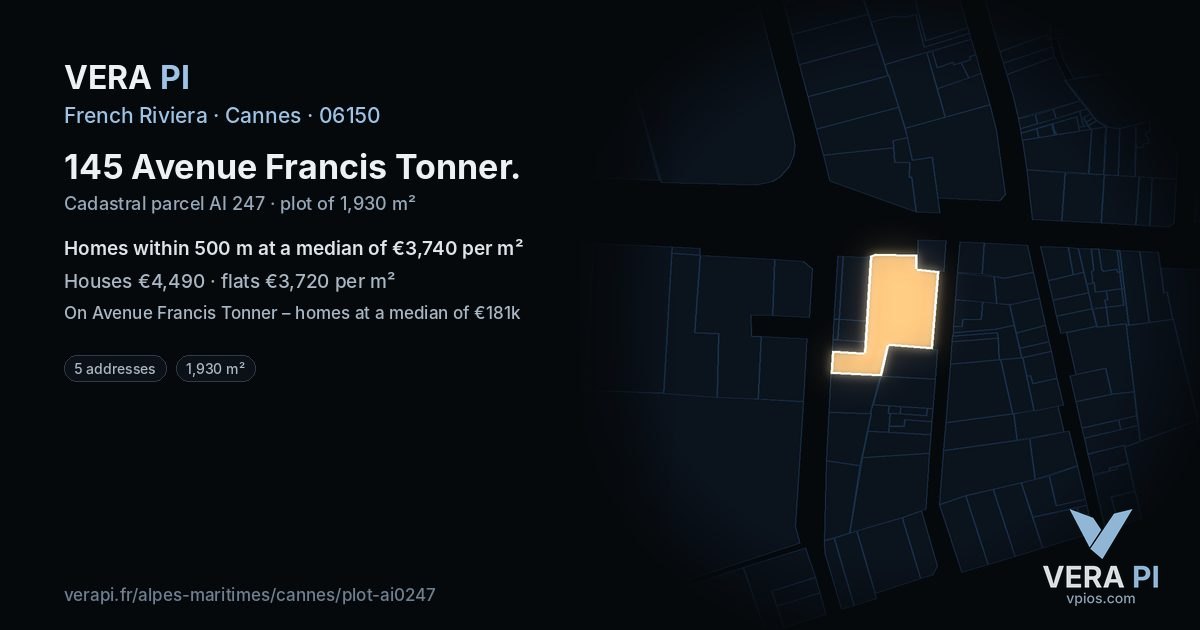 145 Avenue Francis Tonner, Cannes at night – the plot lit, the parcels around coloured by the prices near them