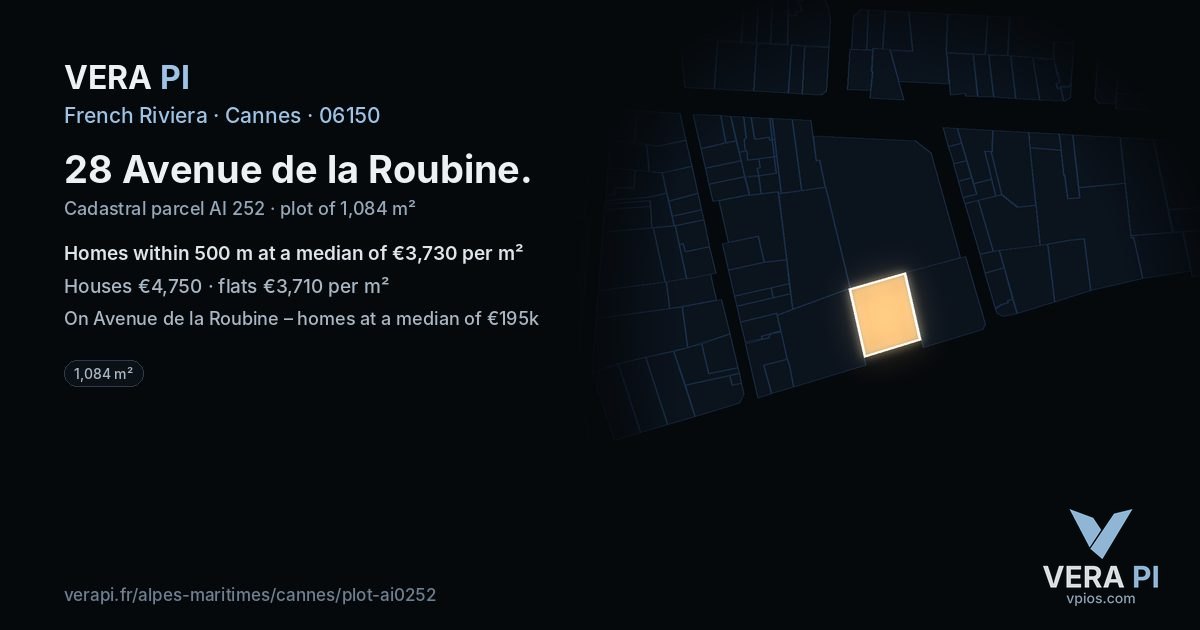 28 Avenue de la Roubine, Cannes at night – the plot lit, the parcels around coloured by the prices near them