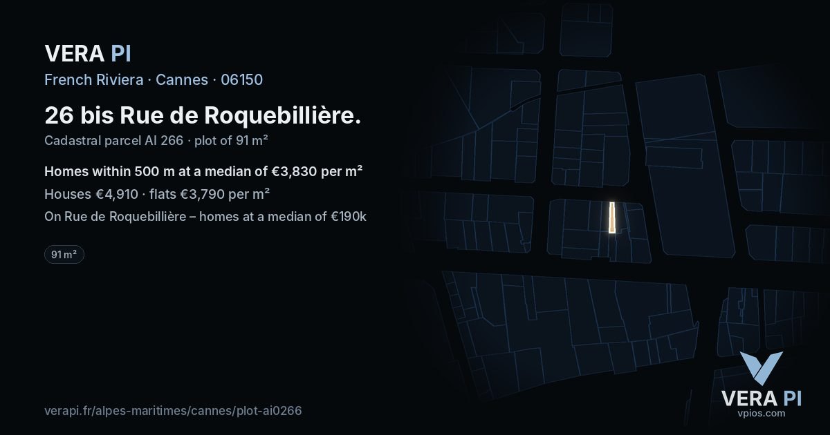 26 bis Rue de Roquebillière, Cannes at night – the plot lit, the parcels around coloured by the prices near them