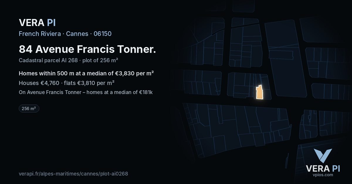 84 Avenue Francis Tonner, Cannes at night – the plot lit, the parcels around coloured by the prices near them