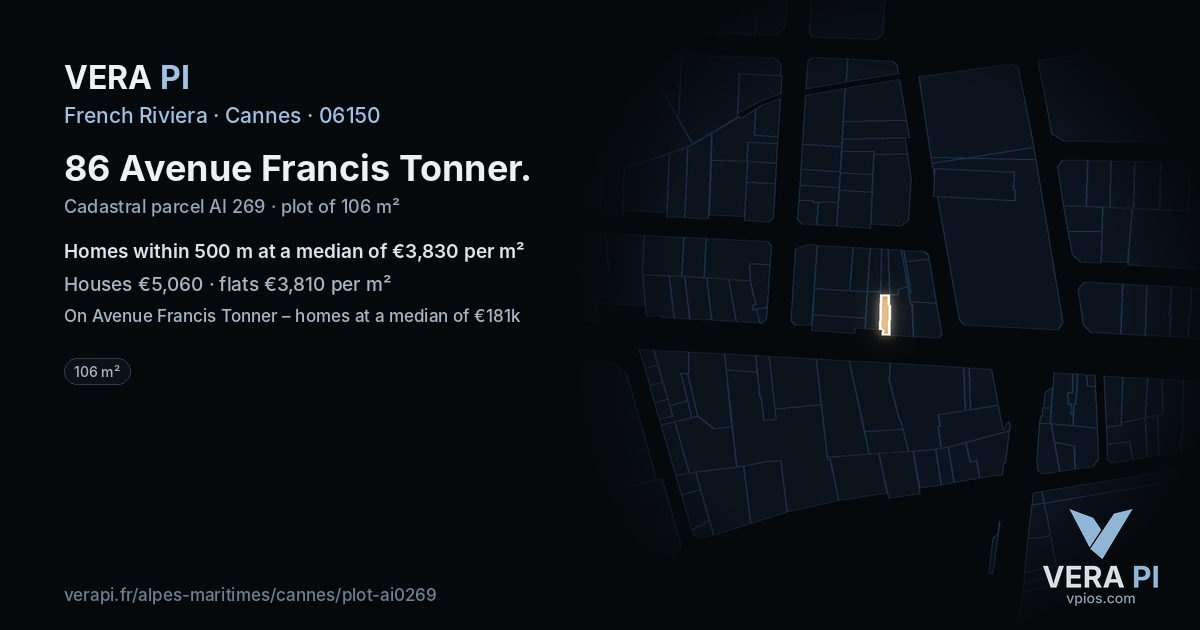 86 Avenue Francis Tonner, Cannes at night – the plot lit, the parcels around coloured by the prices near them