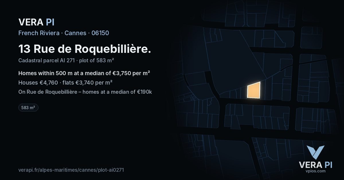 13 Rue de Roquebillière, Cannes at night – the plot lit, the parcels around coloured by the prices near them