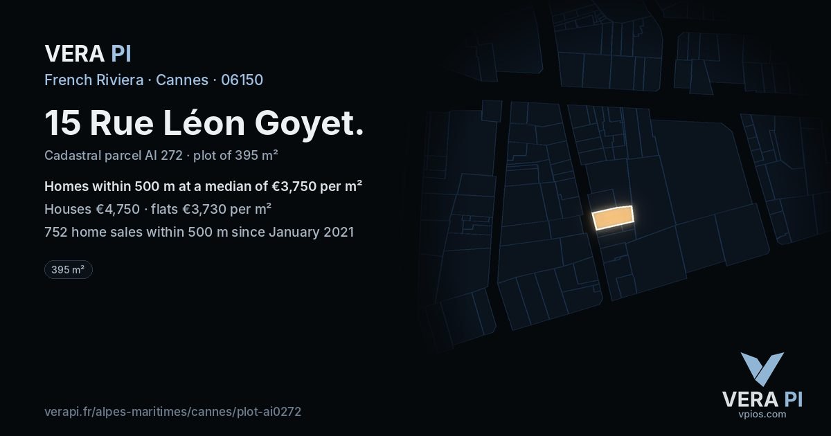15 Rue Léon Goyet, Cannes at night – the plot lit, the parcels around coloured by the prices near them