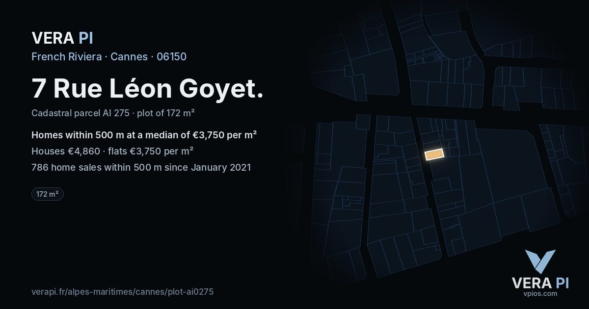 7 Rue Léon Goyet, Cannes at night – the plot lit, the parcels around coloured by the prices near them