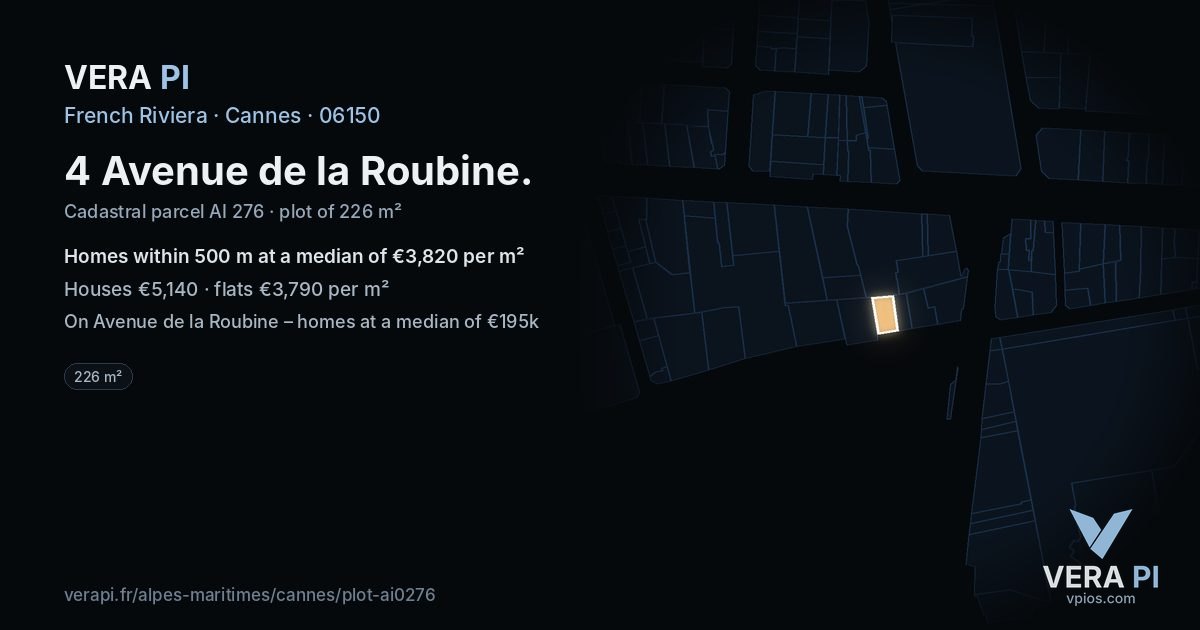 4 Avenue de la Roubine, Cannes at night – the plot lit, the parcels around coloured by the prices near them