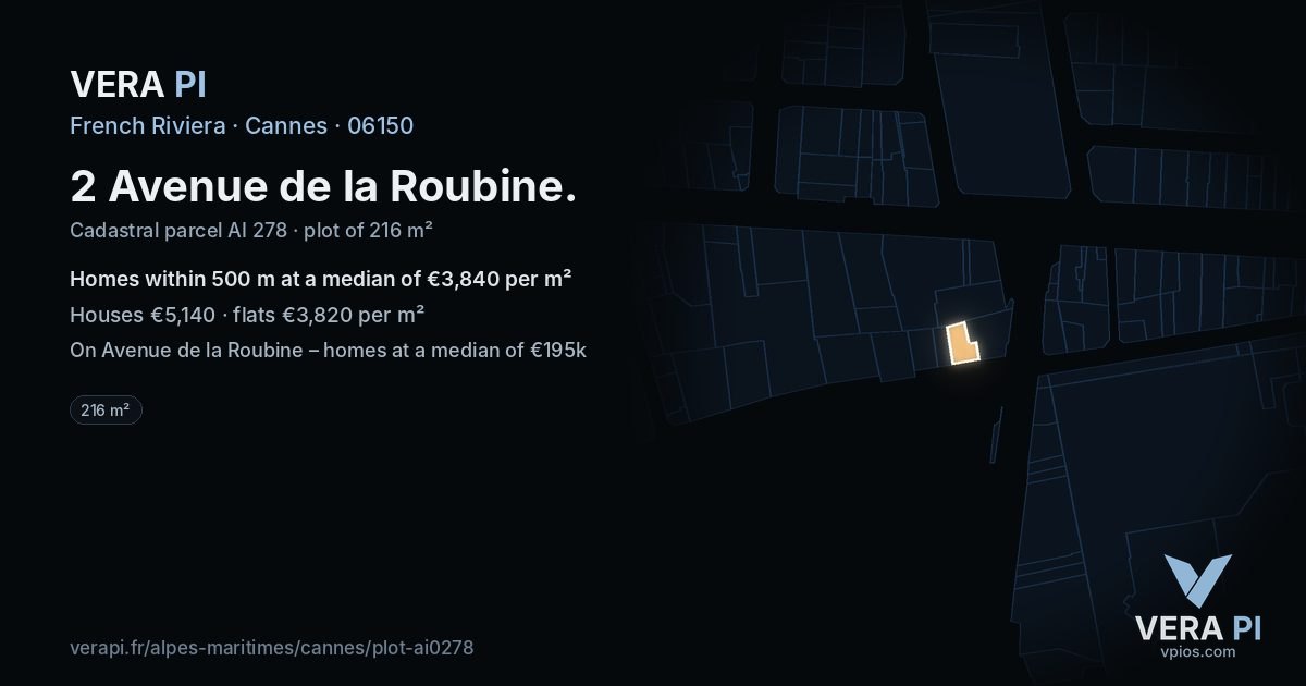 2 Avenue de la Roubine, Cannes at night – the plot lit, the parcels around coloured by the prices near them