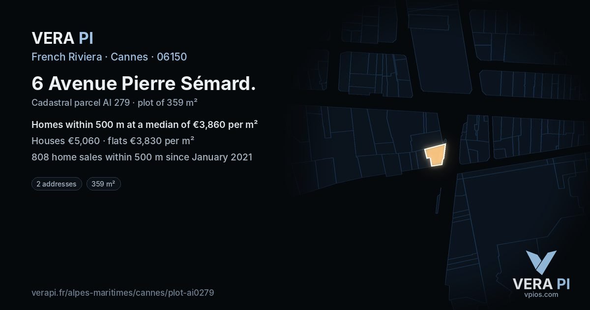 6 Avenue Pierre Sémard, Cannes at night – the plot lit, the parcels around coloured by the prices near them