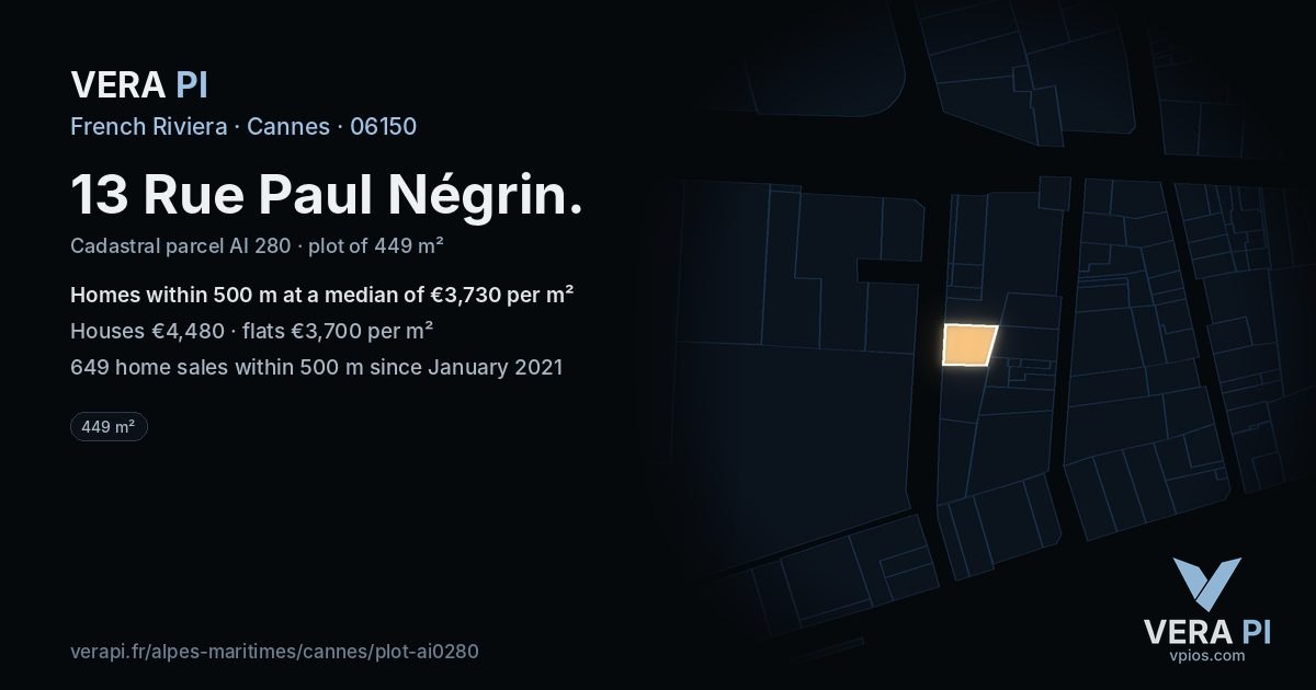 13 Rue Paul Négrin, Cannes at night – the plot lit, the parcels around coloured by the prices near them