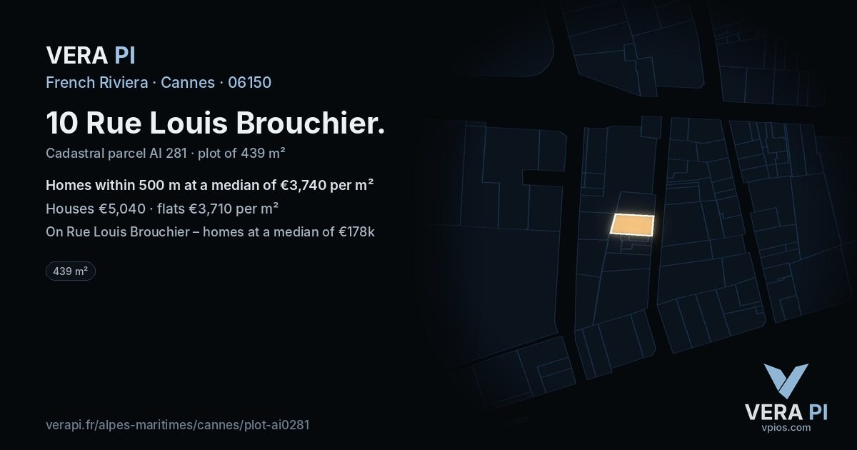 10 Rue Louis Brouchier, Cannes at night – the plot lit, the parcels around coloured by the prices near them