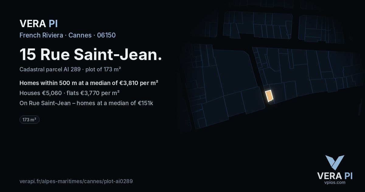 15 Rue Saint-Jean, Cannes at night – the plot lit, the parcels around coloured by the prices near them