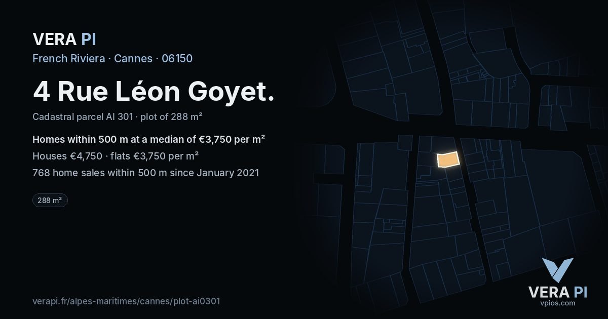 4 Rue Léon Goyet, Cannes at night – the plot lit, the parcels around coloured by the prices near them