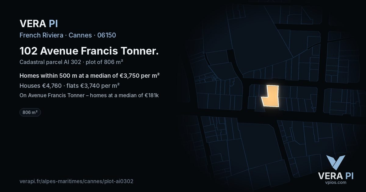 102 Avenue Francis Tonner, Cannes at night – the plot lit, the parcels around coloured by the prices near them