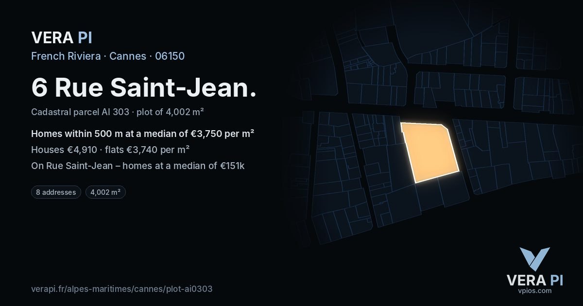 6 Rue Saint-Jean, Cannes at night – the plot lit, the parcels around coloured by the prices near them