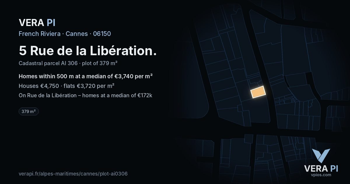 5 Rue de la Libération, Cannes at night – the plot lit, the parcels around coloured by the prices near them