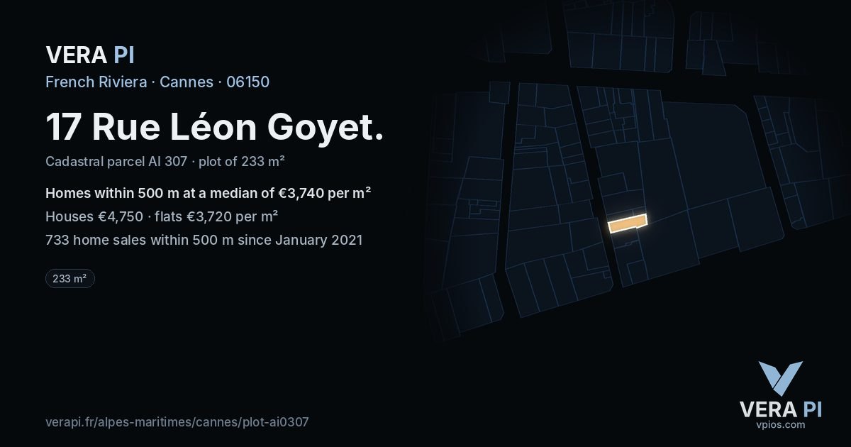 17 Rue Léon Goyet, Cannes at night – the plot lit, the parcels around coloured by the prices near them