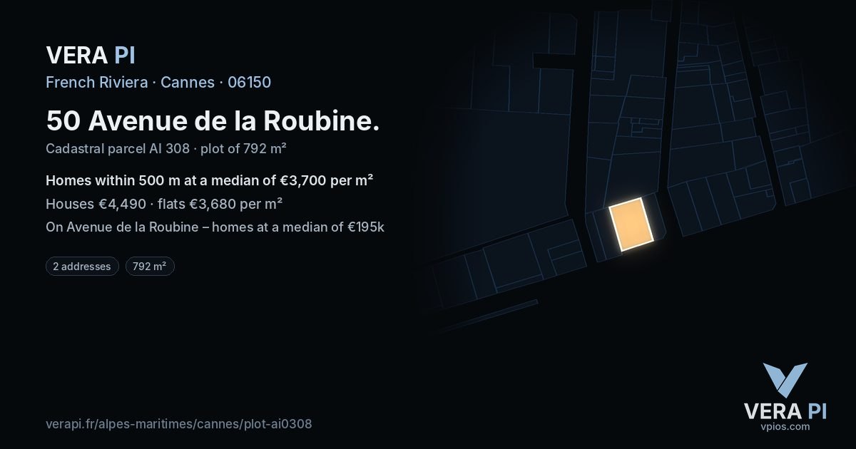 50 Avenue de la Roubine, Cannes at night – the plot lit, the parcels around coloured by the prices near them