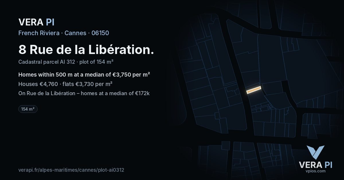 8 Rue de la Libération, Cannes at night – the plot lit, the parcels around coloured by the prices near them