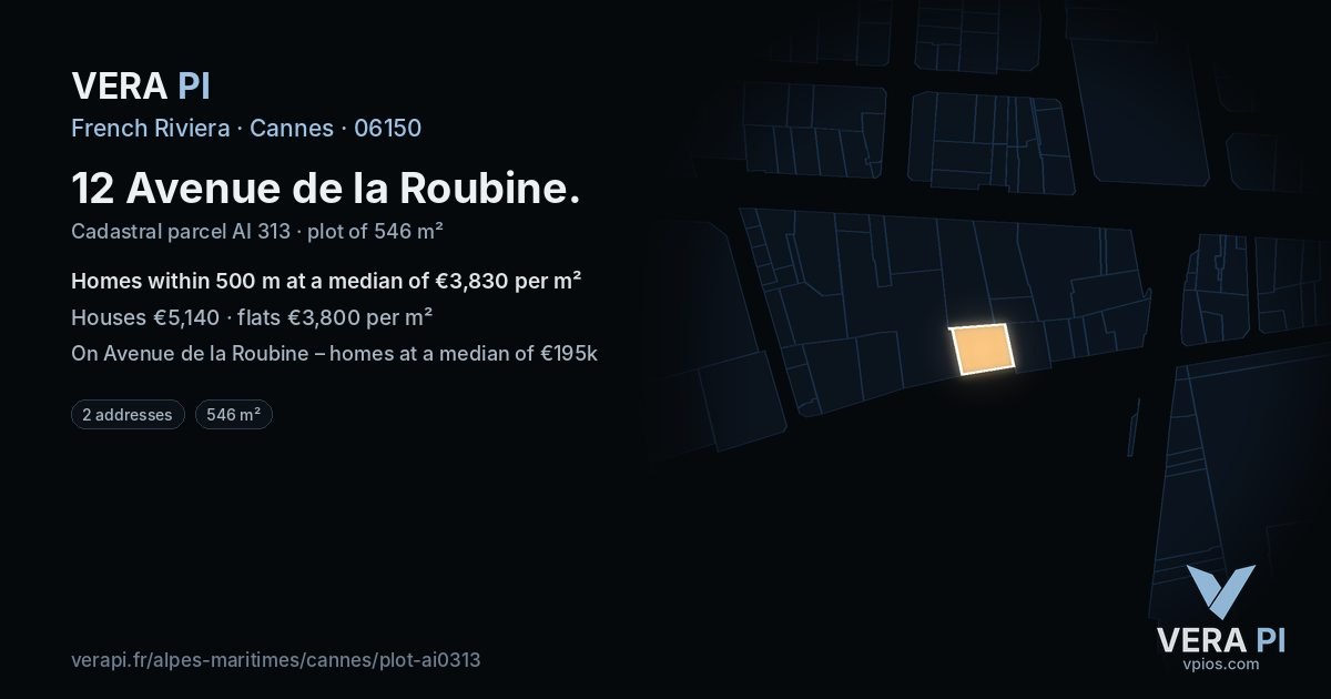 12 Avenue de la Roubine, Cannes at night – the plot lit, the parcels around coloured by the prices near them