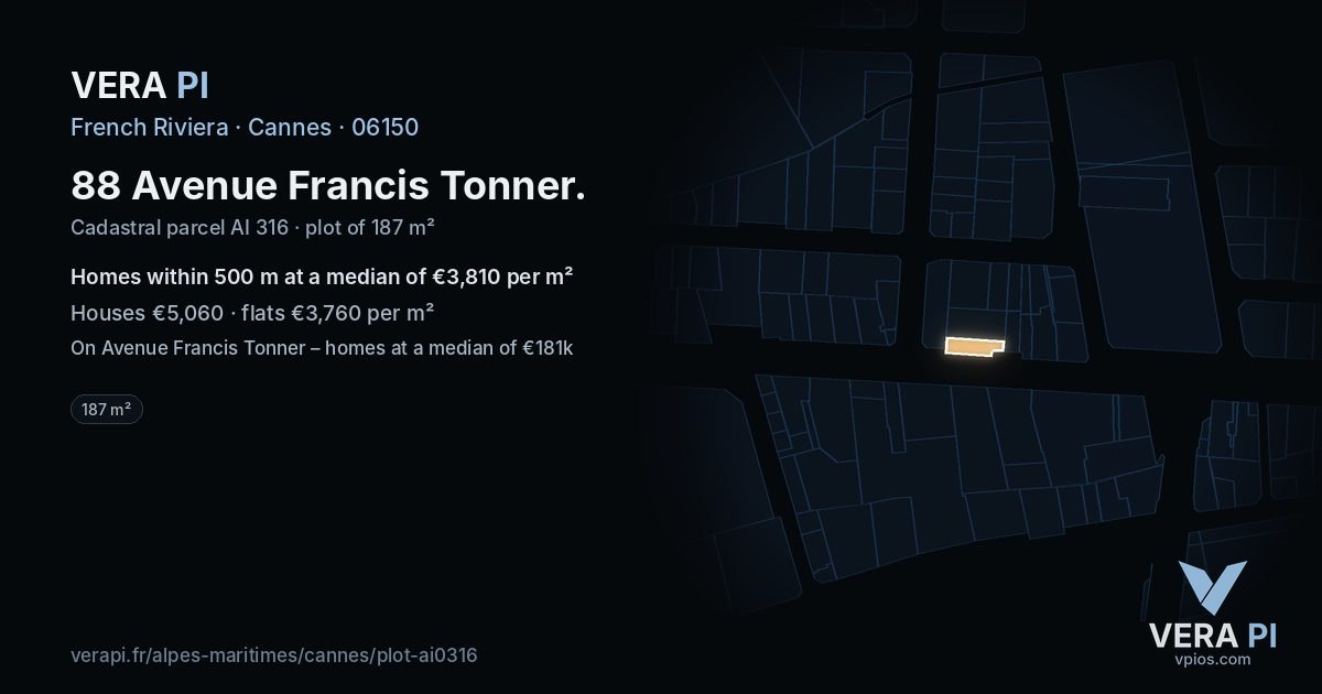 88 Avenue Francis Tonner, Cannes at night – the plot lit, the parcels around coloured by the prices near them