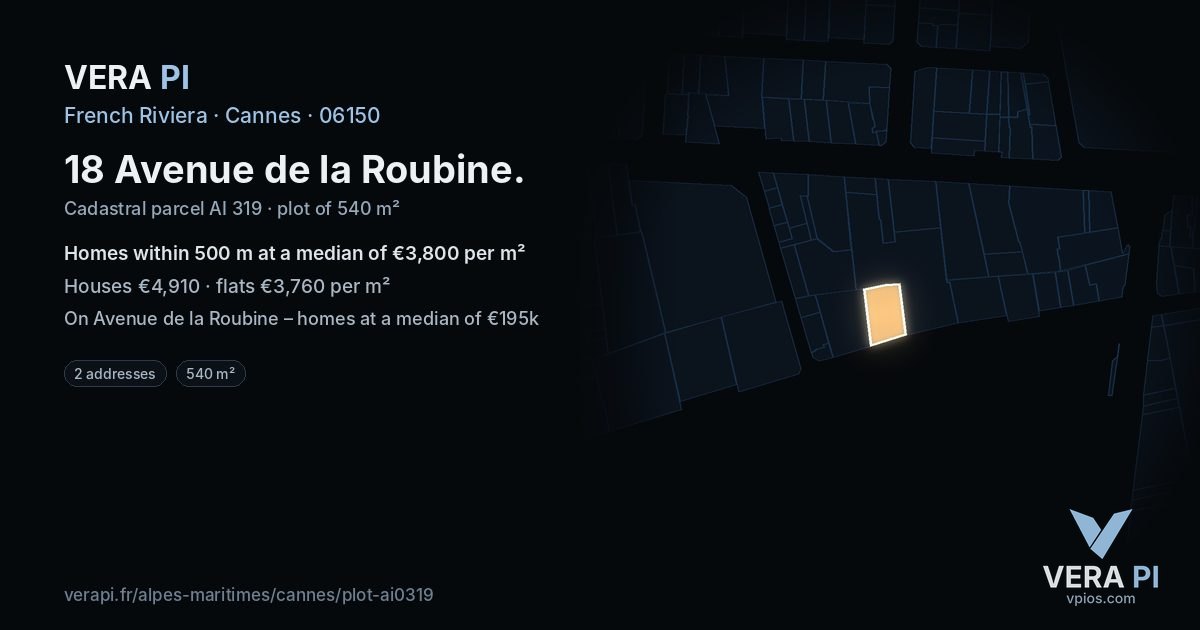 18 Avenue de la Roubine, Cannes at night – the plot lit, the parcels around coloured by the prices near them