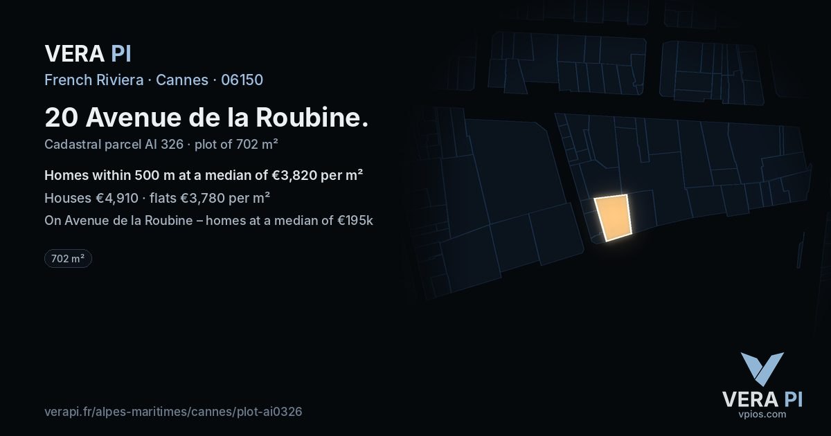 20 Avenue de la Roubine, Cannes at night – the plot lit, the parcels around coloured by the prices near them