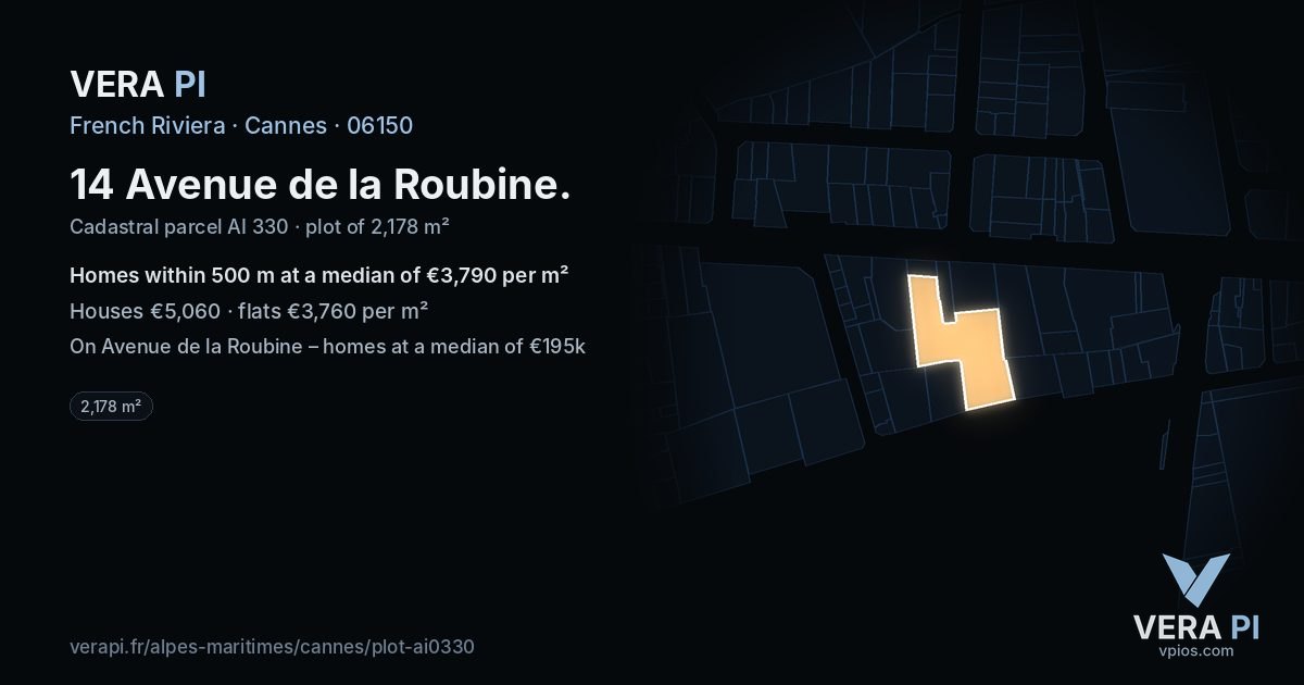 14 Avenue de la Roubine, Cannes at night – the plot lit, the parcels around coloured by the prices near them