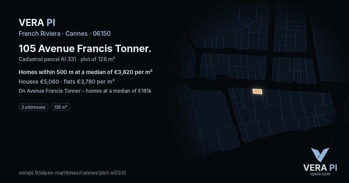105 Avenue Francis Tonner, Cannes at night – the plot lit, the parcels around coloured by the prices near them