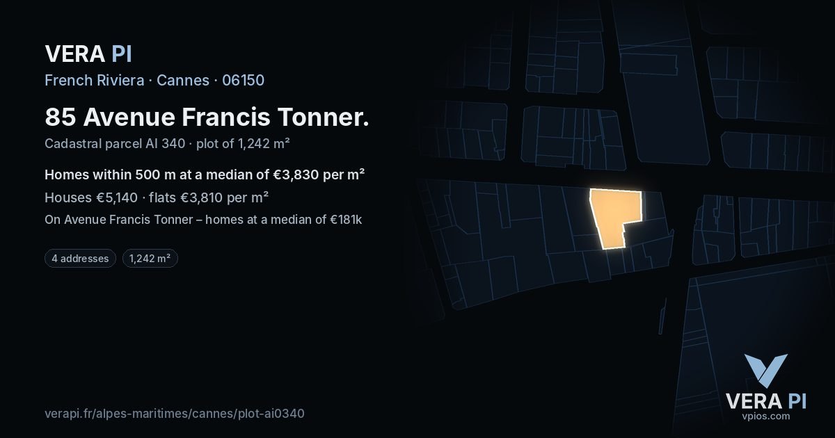 85 Avenue Francis Tonner, Cannes at night – the plot lit, the parcels around coloured by the prices near them