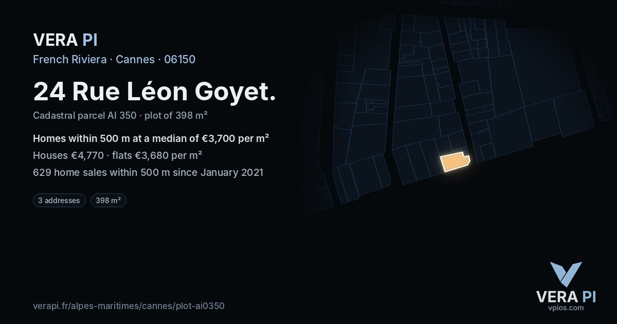 24 Rue Léon Goyet, Cannes at night – the plot lit, the parcels around coloured by the prices near them