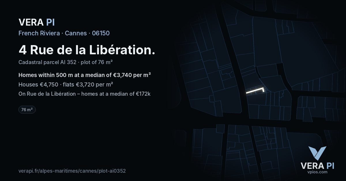 4 Rue de la Libération, Cannes at night – the plot lit, the parcels around coloured by the prices near them