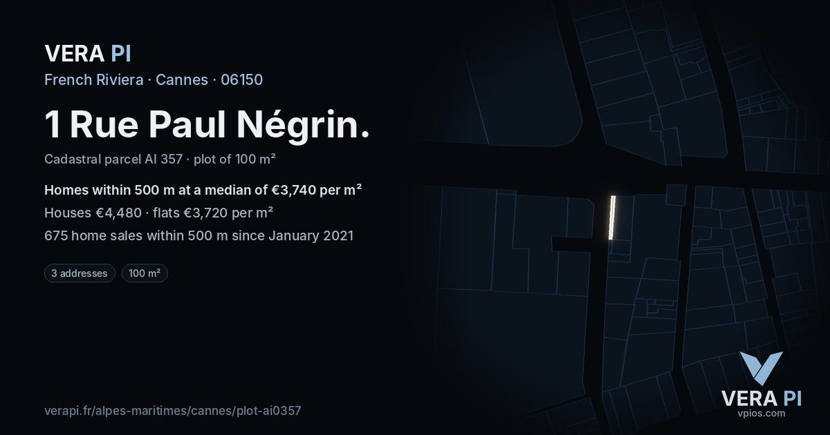 1 Rue Paul Négrin, Cannes at night – the plot lit, the parcels around coloured by the prices near them