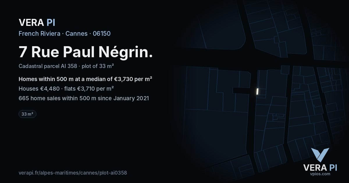 7 Rue Paul Négrin, Cannes at night – the plot lit, the parcels around coloured by the prices near them