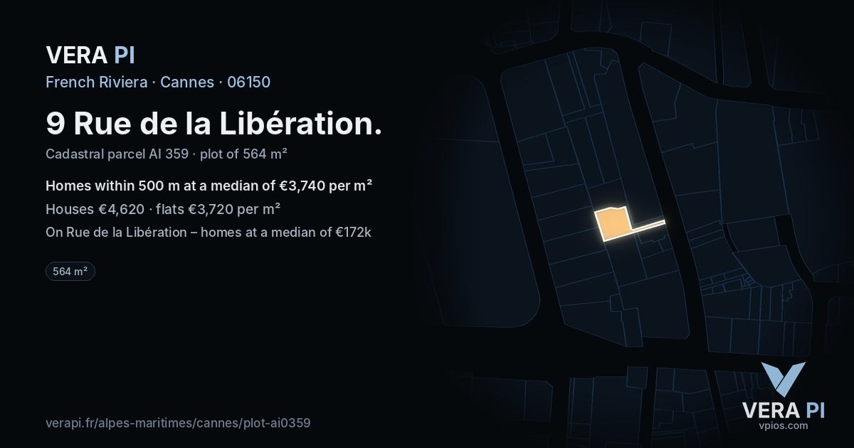 9 Rue de la Libération, Cannes at night – the plot lit, the parcels around coloured by the prices near them